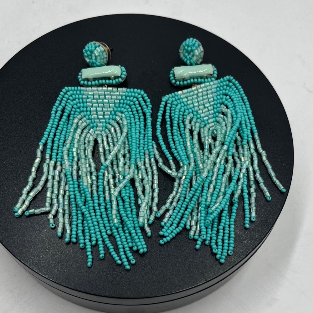 Deepa Gurnani Designer Jody Turquoise Glass Beaded Fringe Dangle earrings 4"
